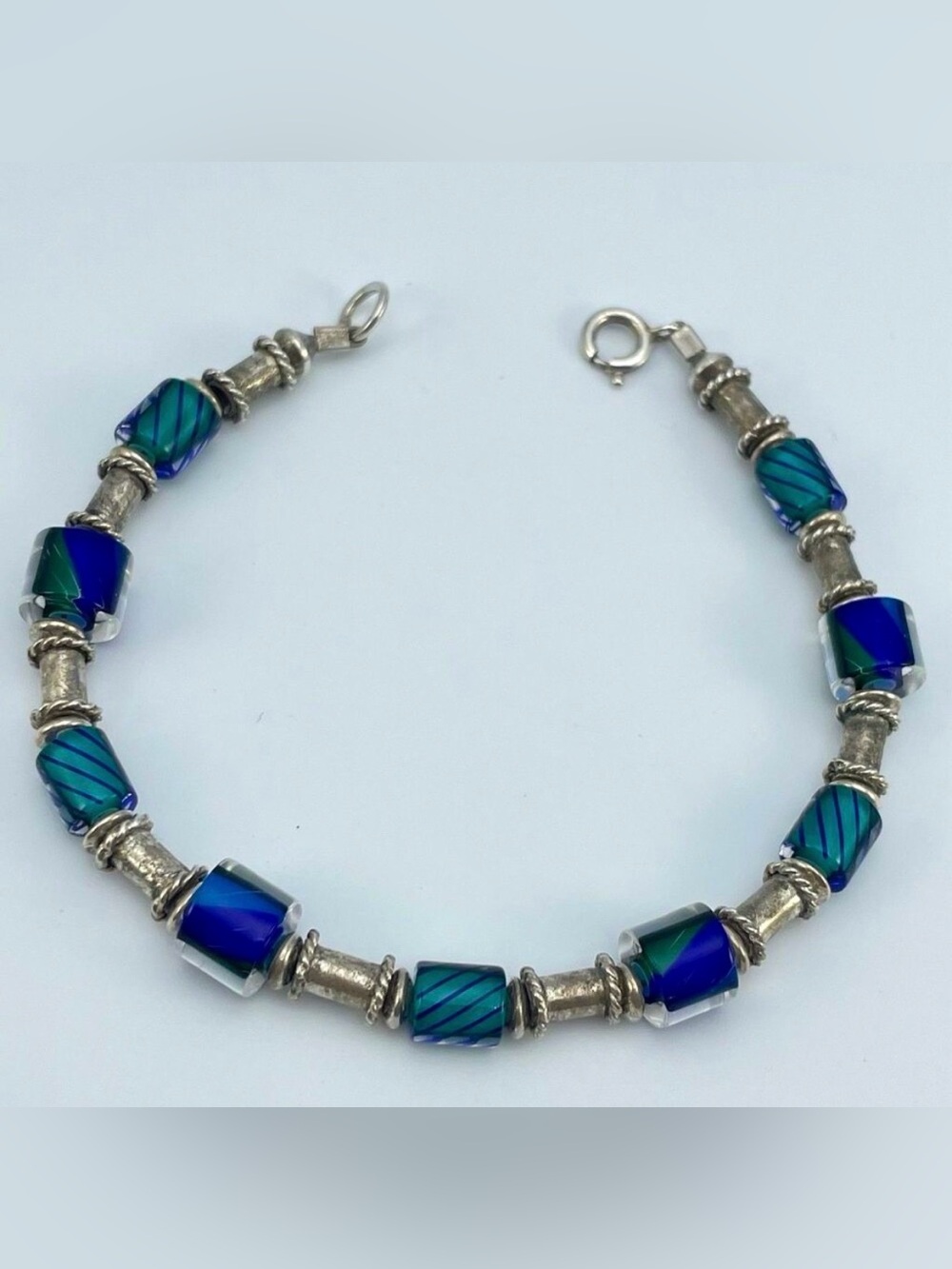 Bracelet Sterling Silver Blue Murano Glass Beaded Boho Classic Cute Unique